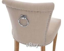 Cream Linen Scroll Top Dining Chair With Knocker & Oak Legs Upholstered Chair