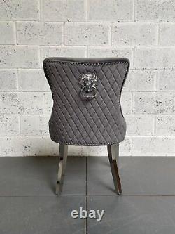 Dark Grey Dianne Dining Chair Lion Knocker Polished Metal Legs Silver Studs