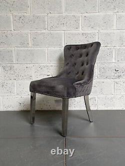Dark Grey Dianne Dining Chair Lion Knocker Polished Metal Legs Silver Studs