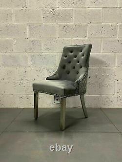 Dark Grey Velvet Chelsea Button Dining Chair Lion Knocker Polished Metal Legs