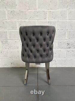 Dark Grey Velvet Chesterfield Dining Chair Metal Legs Deep Pleated Button Back