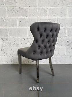 Dark Grey Velvet Chesterfield Dining Chair Metal Legs Deep Pleated Button Back