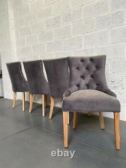 Dark Grey Velvet Kensington Dining Chair Wood Leg Button Back Silver Stud Detail