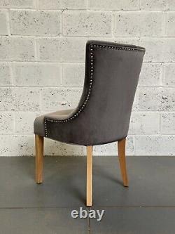 Dark Grey Velvet Kensington Dining Chair Wood Leg Button Back Silver Stud Detail