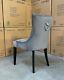 Dark Grey Velvet Kensington Dining Chair Wood Legs Button Back Ring Knocker