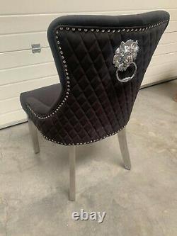 Dianne Brushed Black Velvet Dining Chair Quilt Back Lion Knocker Metal Leg