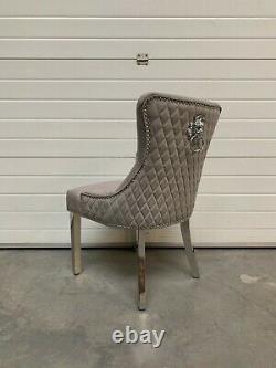 Dianne Brushed Light Grey Dining Chair Quilted Back Lion Knocker Metal Legs