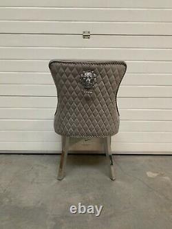 Dianne Brushed Light Grey Dining Chair Quilted Back Lion Knocker Metal Legs