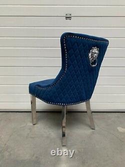 Dianne Brushed Royal Blue Velvet Dining Chair Quilt Back Lion Knocker Metal Leg
