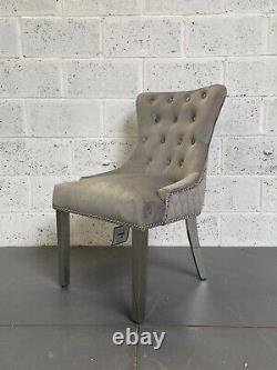 Dianne Light Grey Velvet Dining Chair Quilt Back Lion Knocker Metal Legs £149.99