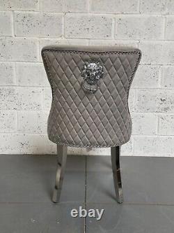 Dianne Light Grey Velvet Dining Chair Quilt Back Lion Knocker Metal Legs £149.99