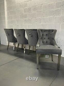 Dianne Luxury Dark Grey Velvet Ring Knocker Quilted Back Dining Chair Metal Legs