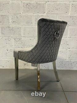 Dianne Luxury Dark Grey Velvet Ring Knocker Quilted Back Dining Chair Metal Legs