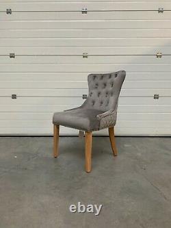 Dianne Luxury Light Grey Velvet Lion Knocker Quilted Back Dining Chair Wood Legs