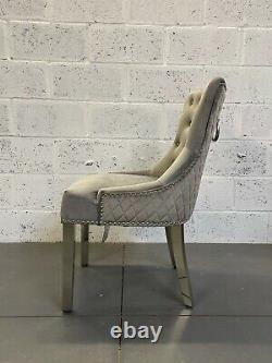 Dianne Luxury Light Grey Velvet Ring Knocker Quilted Back Dining Chair Metal Leg