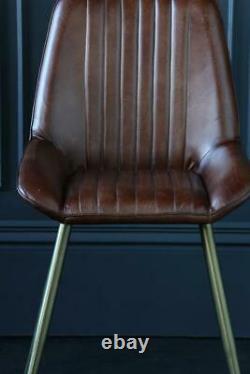 Dining Chair Brown Buffalo Leather Seat with Gold Base 49 cm Kitchen Brooklyn