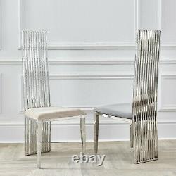 Dining Chairs Grey Velvet Seat Silver Chrome Retro Modern Tall High Back Linear