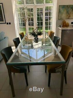 Dining Table Glass And S/steel Large With 6 Quality Upholstered Chairs