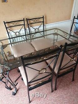 Dining Table and six 6x Upholstered Chairs Set Glass Top Metal Frame