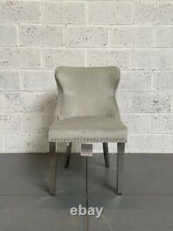 Dove Grey Velvet Chesterfield Dining Chair Metal Legs Deep Pleated Button Back