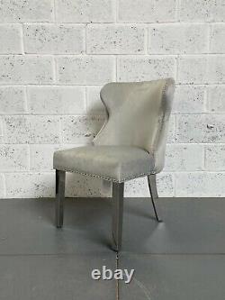 Dove Grey Velvet Chesterfield Dining Chair Metal Legs Deep Pleated Button Back