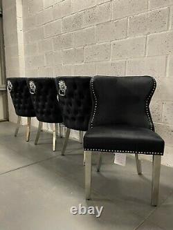 Eaton Brushed Black Velvet Lion Knocker Dining Chair Polished Metal Legs