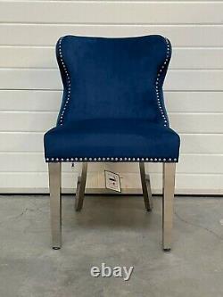 Eaton Brushed Royal Blue Velvet Lion Knocker Button Back Dining Chair Metal Legs