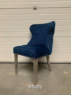 Eaton Brushed Royal Blue Velvet Lion Knocker Button Back Dining Chair Metal Legs