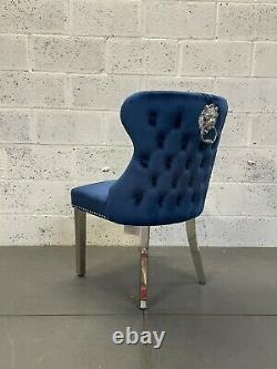 Eaton Brushed Royal Blue Velvet Lion Knocker Dining Chair Metal Legs