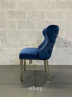 Eaton Brushed Royal Blue Velvet Lion Knocker Dining Chair Metal Legs