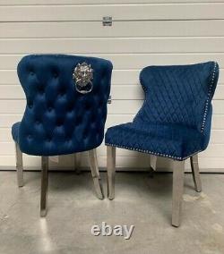 Eaton Brushed Royal Blue Velvet Lion Knocker Dining Chair Metal Legs PRE ORDER