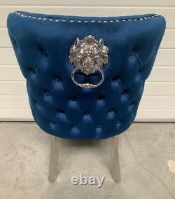Eaton Brushed Royal Blue Velvet Lion Knocker Dining Chair Metal Legs PRE ORDER