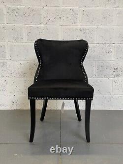 Eaton Dining Chair Luxury Black Velvet Lion Knocker Black Fluted Wood Legs