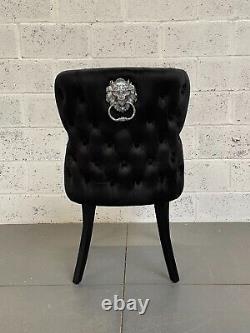 Eaton Dining Chair Luxury Black Velvet Lion Knocker Black Fluted Wood Legs