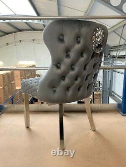 Eaton Dining Chair Luxury Dark Grey Velvet Lion Knocker Button Back Metal Legs
