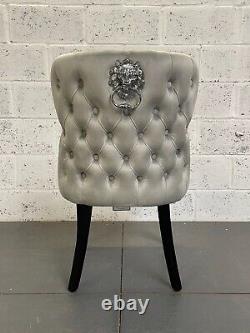 Eaton Dining Chair Luxury Light Grey Velvet Lion Knocker Black Fluted Wood Legs