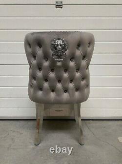 Eaton Dining Chair Luxury Light Grey Velvet Lion Knocker Button Back Metal Legs