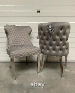 Eaton Dining Chair Luxury Light Grey Velvet Lion Knocker Button Back Metal Legs