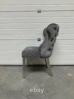 Eaton Luxury Dark Grey Velvet Lion Knocker Button Back Dining Chair Metal Legs