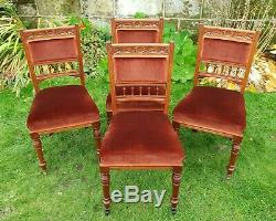 Edwardian Carved Walnut Set of 4 Upholstered Dining Chairs C1905