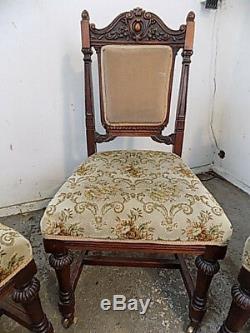 Edwardian, dining chairs, carved, floral, upholstered, castors, four, antique, mahogany
