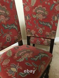 Elegant designer custom made upholstered dining chairs, dark wooden frames