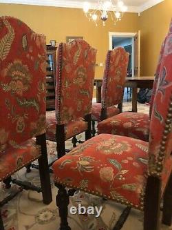 Elegant designer custom made upholstered dining chairs, dark wooden frames