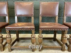 Four Leather Upholstered Antique Oak Dining Chairs