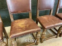 Four Leather Upholstered Antique Oak Dining Chairs