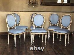 French Distressed Ivory & Gold With Baby Blue Upholstered Diner Hall Chairs x 6