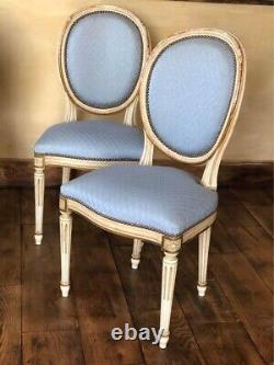 French Distressed Ivory & Gold With Baby Blue Upholstered Diner Hall Chairs x 6