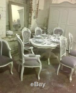 French Style Dining Table and 6 Louis Chairs Upholstered In Grey /Silver Velvet