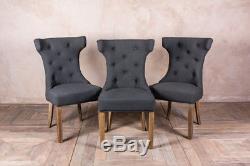 French Style Upholstered Dining Chair In Pewter Grey With Button Back