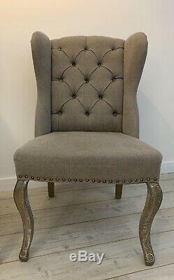 French Upholstered Grey Linen Button Back Studded Winged Dining Chairs (x2)